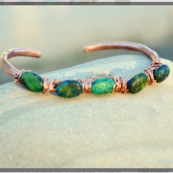 Conceptual Subculture Jewelry - Chrysocolla Copper Bangle Cuff Bracelet Gemstone